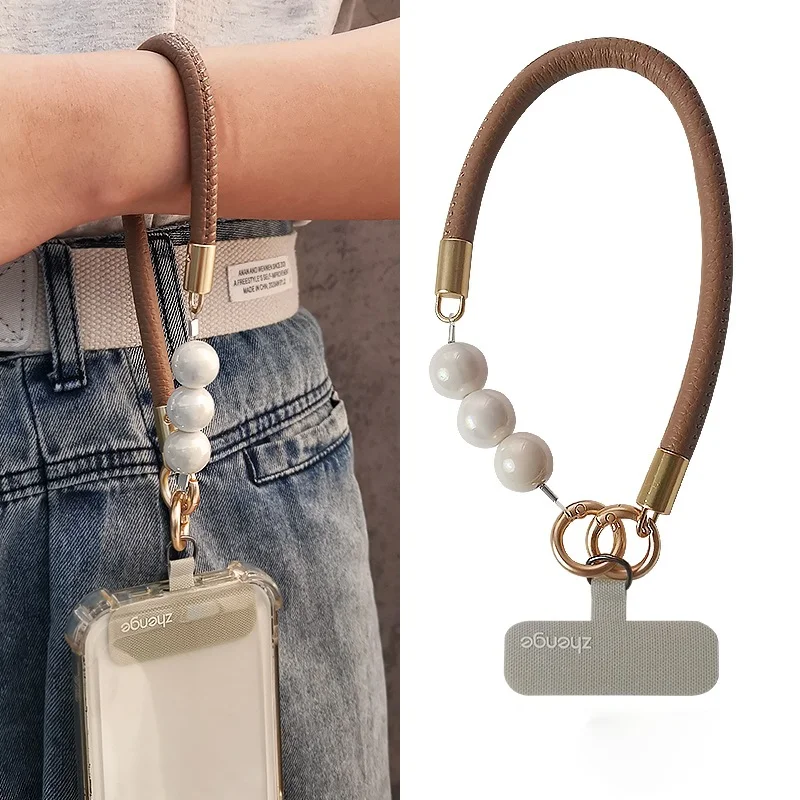 

Niche Designer Style Leather Braided Phone Strap Pearl Beaded Wrist Lanyard Aesthetic Accessories Anti-lost Mobile Chain Gift