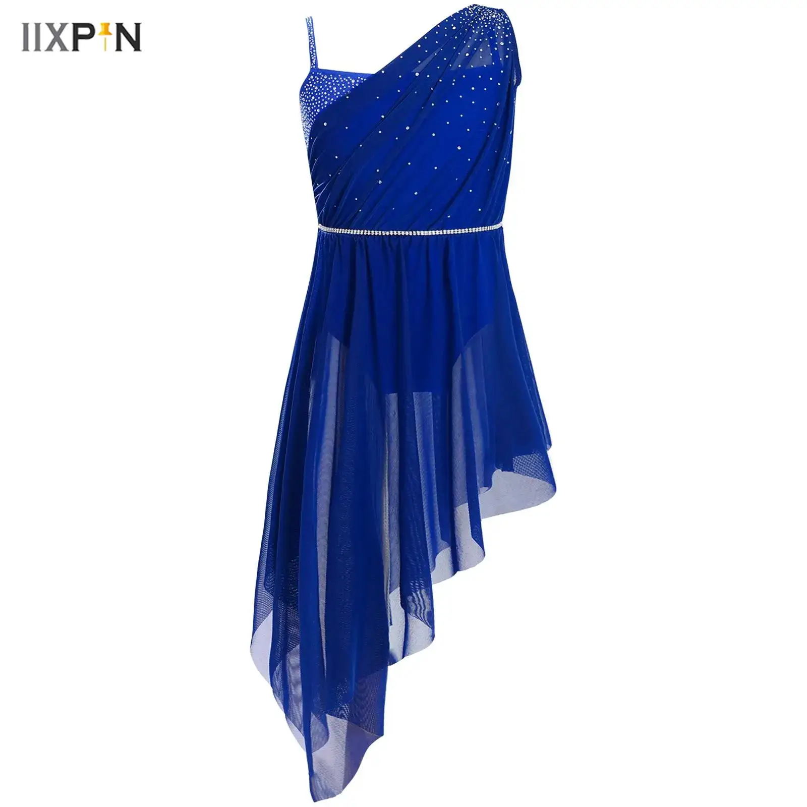 

Kids Girls Asymmetrical Lyrical Dance Dress Ballet Dance Performance Costume Sleeveless Spaghetti Straps Rhinestones Dresses