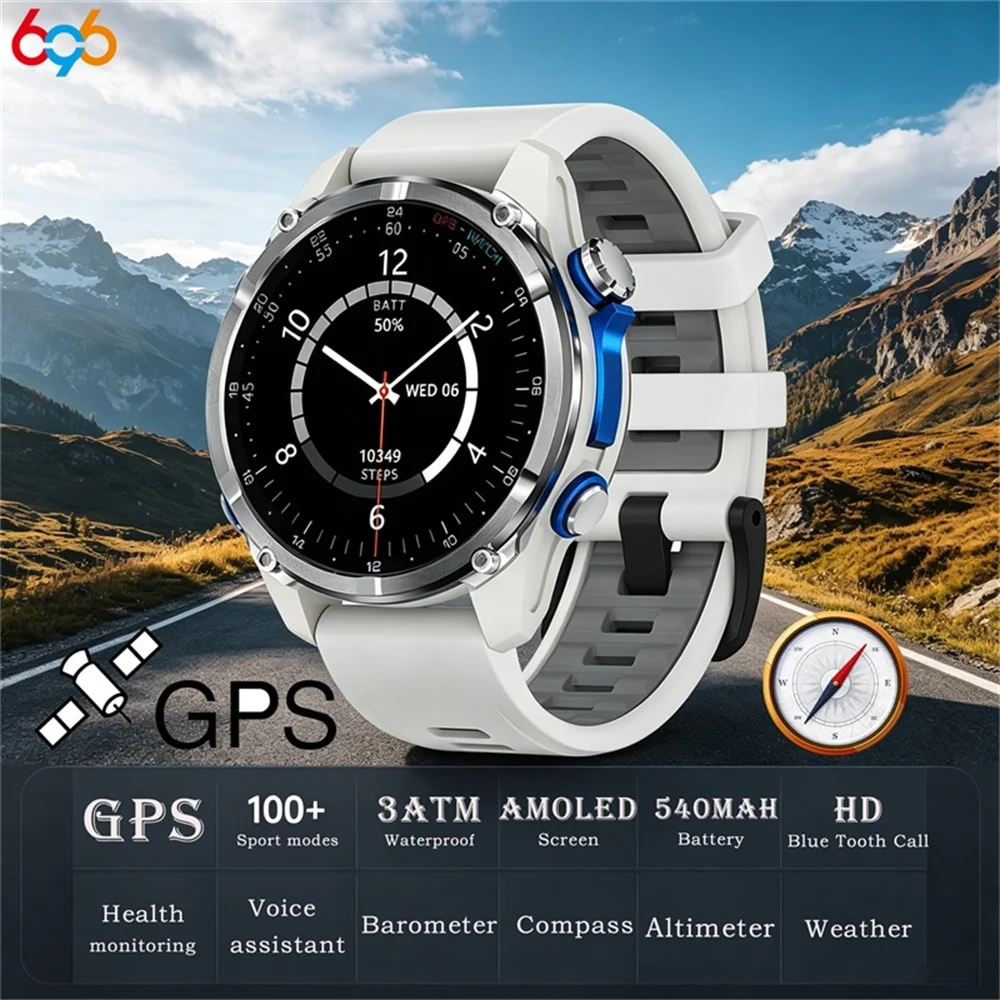 GPS Outdoor Sports Smart Watch Blue Tooth Call 3ATM Waterproof AMOLED Screen Health Watches Compass Smartwatch Voice Assistant