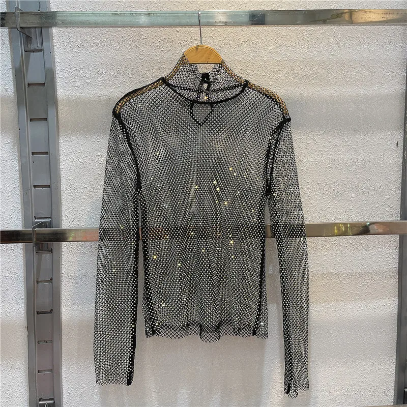 Haut en cristal de diamant transparent avec superposition intérieure de diamant brillant, chemise de fond brillante, sexy, creux, Bunduextrêmes, fête, Buling