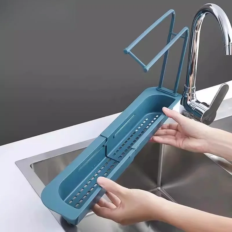 

Раздвижная многофункциональная корзина-органайзер для кухонной раковины: для губок, тряпок, посудных мочалок, овощей, с функцией слива