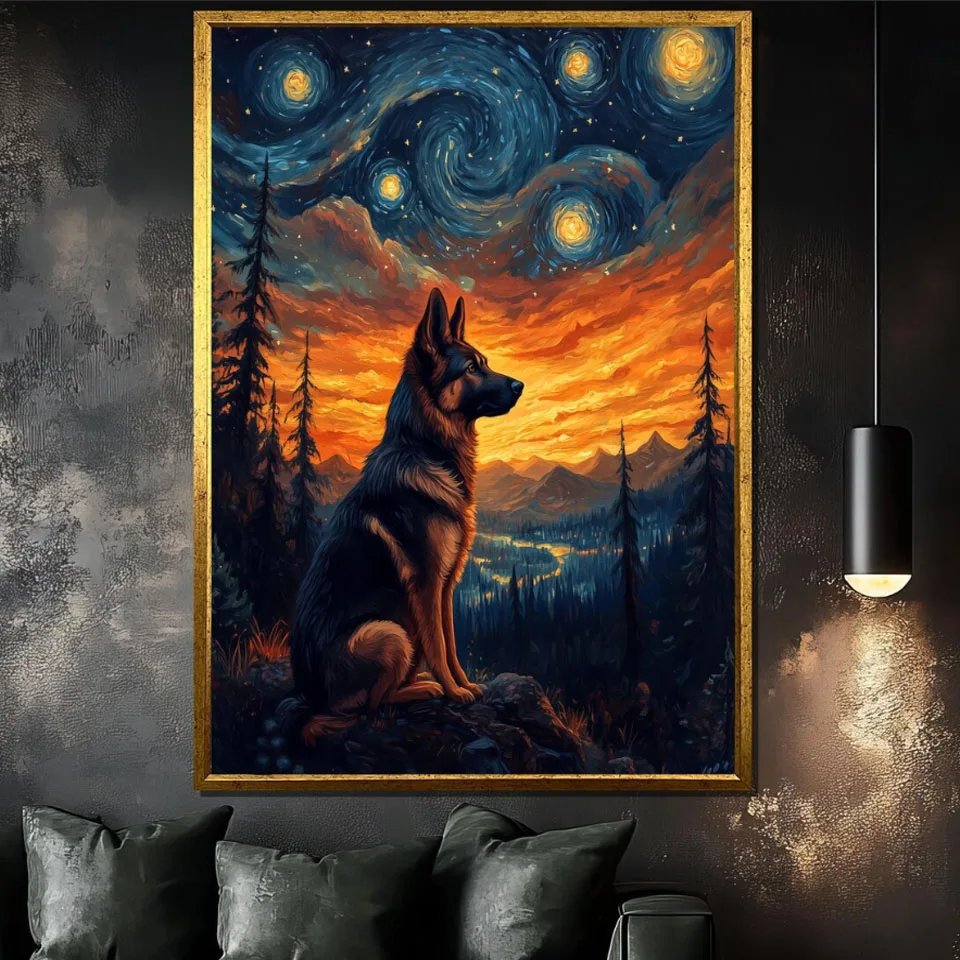 

German Shepherd Diamond Painting - Starry Night Dog Wall Art, Living Room Decor, Unique Animal Decor Gift, Landscape Pet Artwork