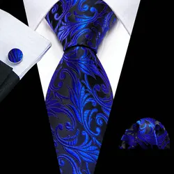 Fashion Dark Blue Men Tie Floral Woven Luxury Brand Handkerchief Cufflinks Necktie Sets Wedding Party Business