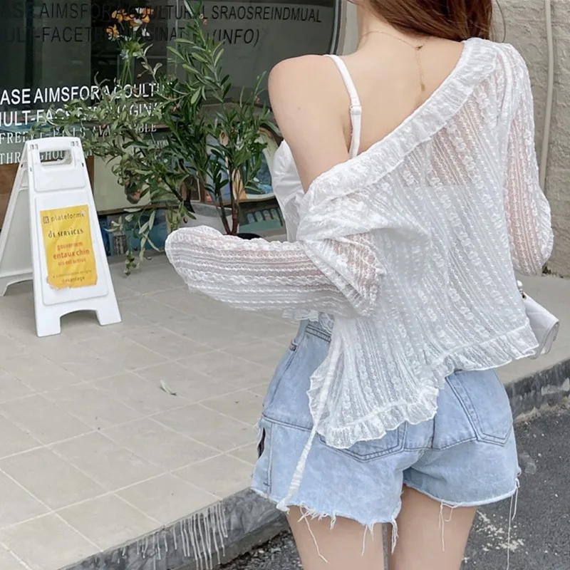 Women Summer Sun Protection Lace Bow Ruffle Cardigan Shirt Female Blouse Tops for Woman Covers  White Korean Shirt