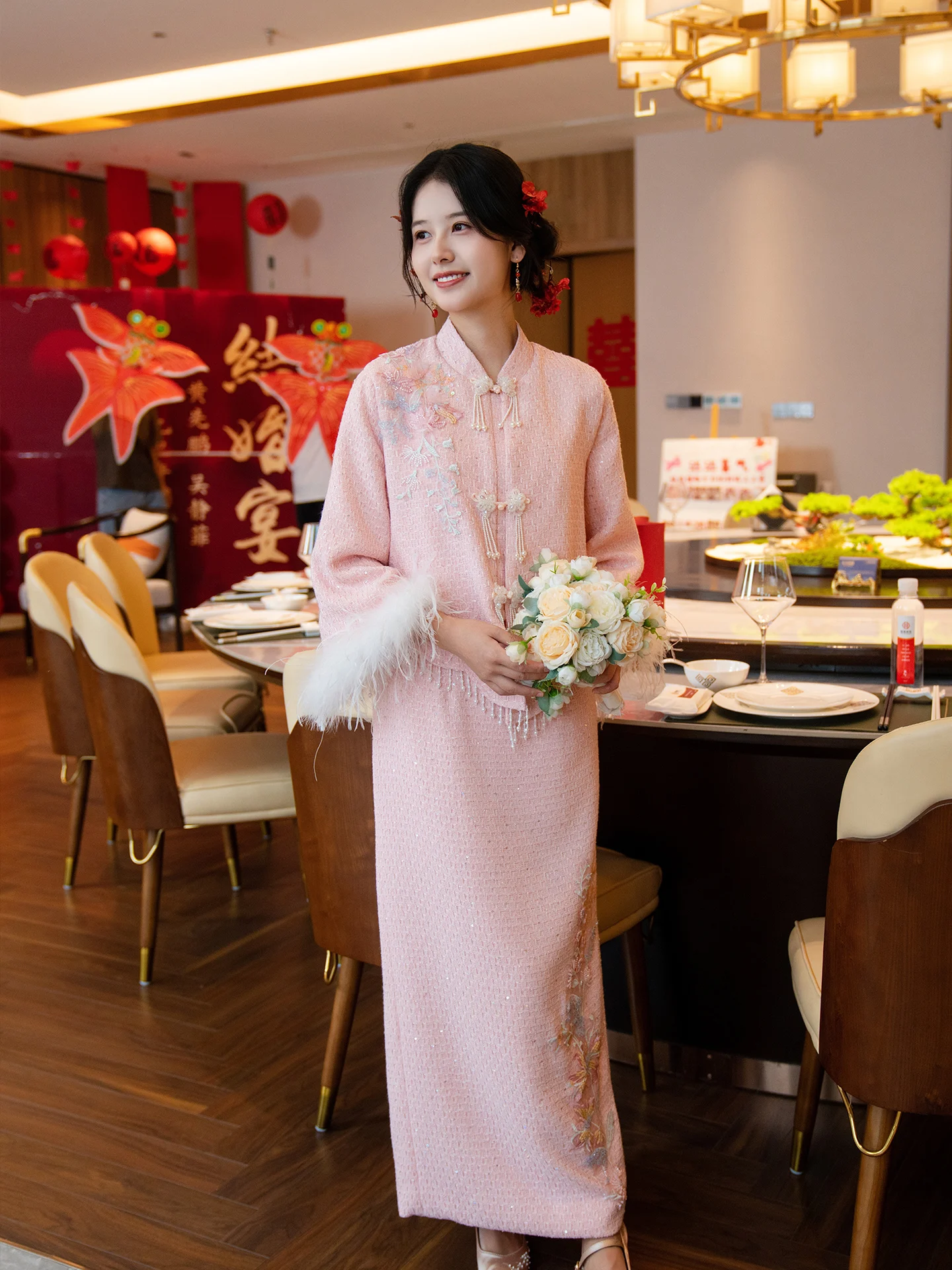 

Осенне-зимний комплект: новый китайский утренний халат с длинными рукавами, розовый костюм для невесты, двухсекционный комплект