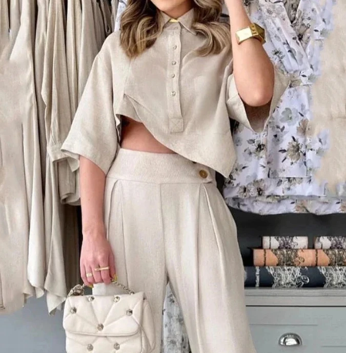 Set Woman 2 Pieces Elegant 2024 Lady Commuting Solid Color Fashionable Lapel Irregular Top and Casual High Waisted Pants Set