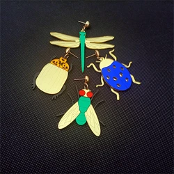 KUGUYS-pendientes colgantes con forma de libélula para mujer, aretes con forma de mosca de escarabajo, insecto, Animal, espejo, Color azul, verde y dorado, accesorios acrílicos hipérbole