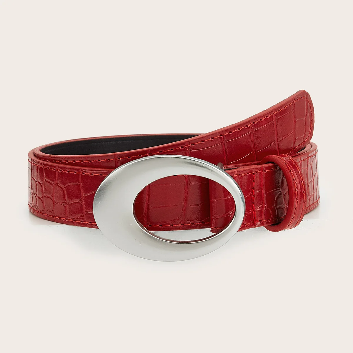 

Women’s Red Croc-Pattern Belt with Sleek Oval Buckle – Stylish Faux Leather Waist Belt for Dresses & Jeans