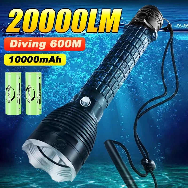 Professional Diving Flashlight High Power Underwater Lighting 600M Diving Torch Rechargeable Powerful 20000LM Scuba Flashlights