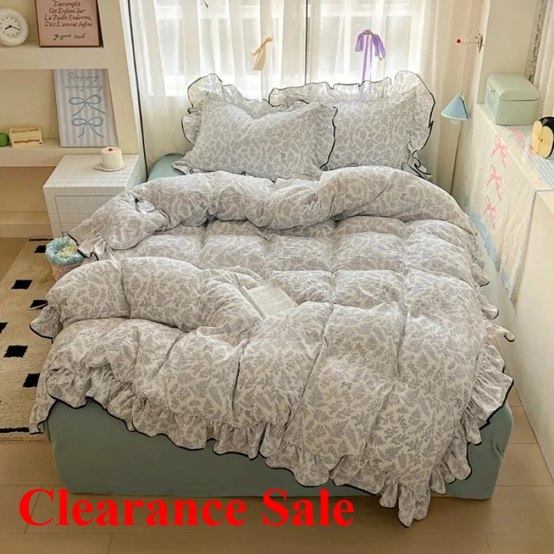 

2025 new cream lace girl powder grid Korean version bed 4-piece set washed cotton double-layer yarn quilt cover dormitory