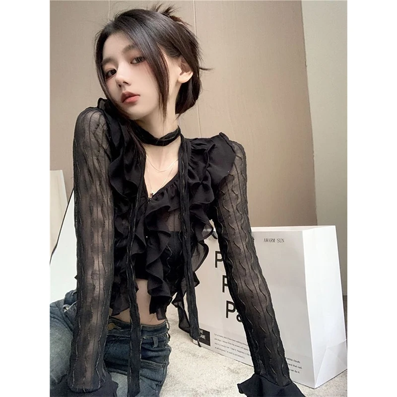 Y2K Cropped Lace Shirts Women Sexy Black V Neck Mesh Sheer Blouses Summer Gothic Vintage Irregular Long Sleeve Cardigan Tops New