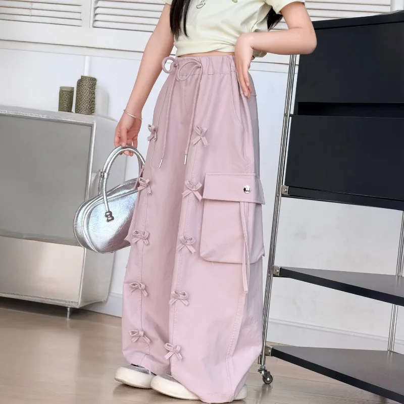 Girls' summer outfit new 2026 children's fashionable western-style work pants, girls' bow casual loose wide leg pants