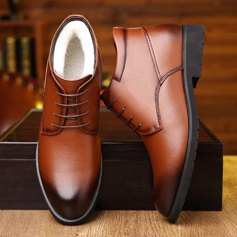 

British Style Men Brown Burnished Plus Velvet Fur Lined Ankle Boots Lace Up Winter Warm Formal Business Office Shoes Comfortable