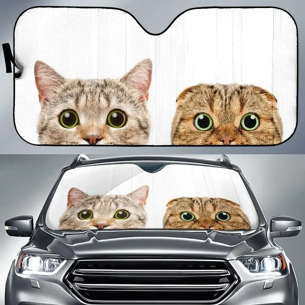 Cute Scottish Fold Cats Hiding Image Print Cat Lover Car Sunshade, Funny Two Cats Hiding Image Auto Sun Shade, Windshield Visor