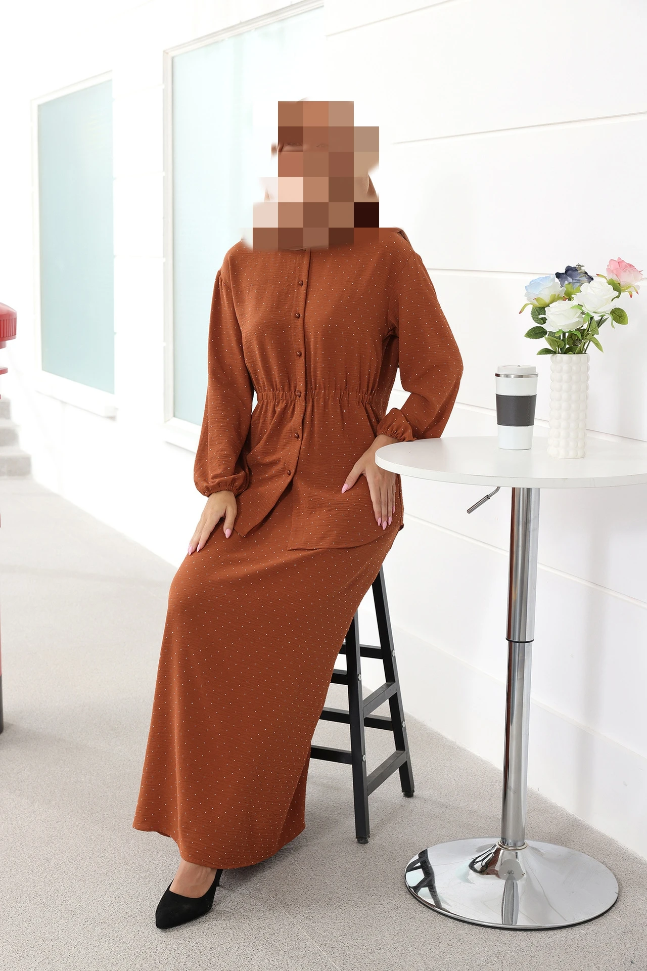 Oriente médio sle bolha sve redondo ne irt f saia conjunto feminino faion verão roupa de fibra de poliéster longo botão sve