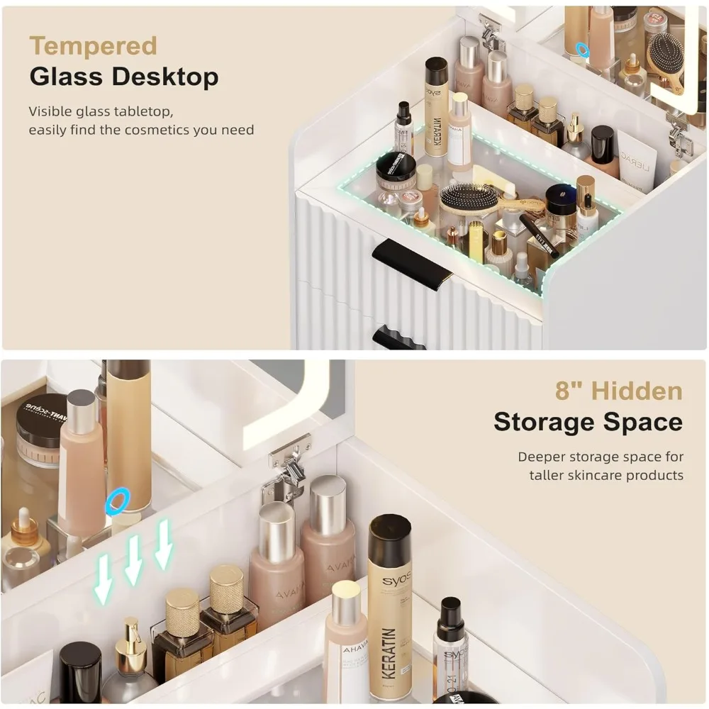 مكتب زينة صغير 3 في 1 مع مرآة علوية قابلة للطي، مجموعة زينة للمكياج مع سطح مكتب زجاجي مرئي، زينة مدمجة مع 3 أدراج،