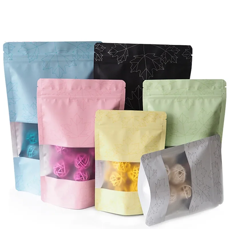 100X with window Maple leaf Stand Up Aluminum Foil Lines Ziplock Self Seal Food Storage Doypack Coffee Tea Snack Party Pouch Bag