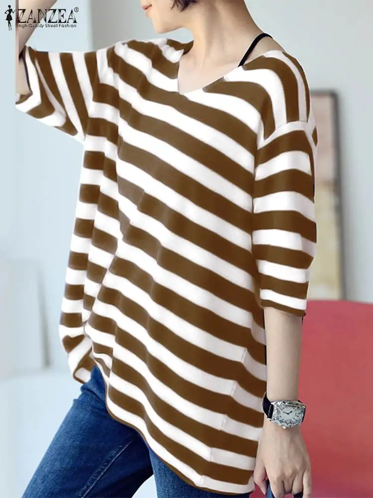 ZANZEA 2024 Summer Fashion Half Sleeve Tees Korean Stripe Printed T-shirts Women Casual Round Neck Tunic All-match Oversize Tops