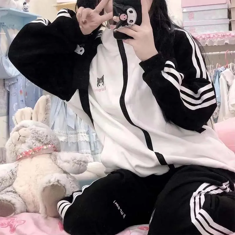 Sanrio Sweat Suit Kuromi Kawaii Leisure Outerwear Sport Pants Student Loose Clothing Sets Fresh Sweet Clothes Girl Birthday Gift