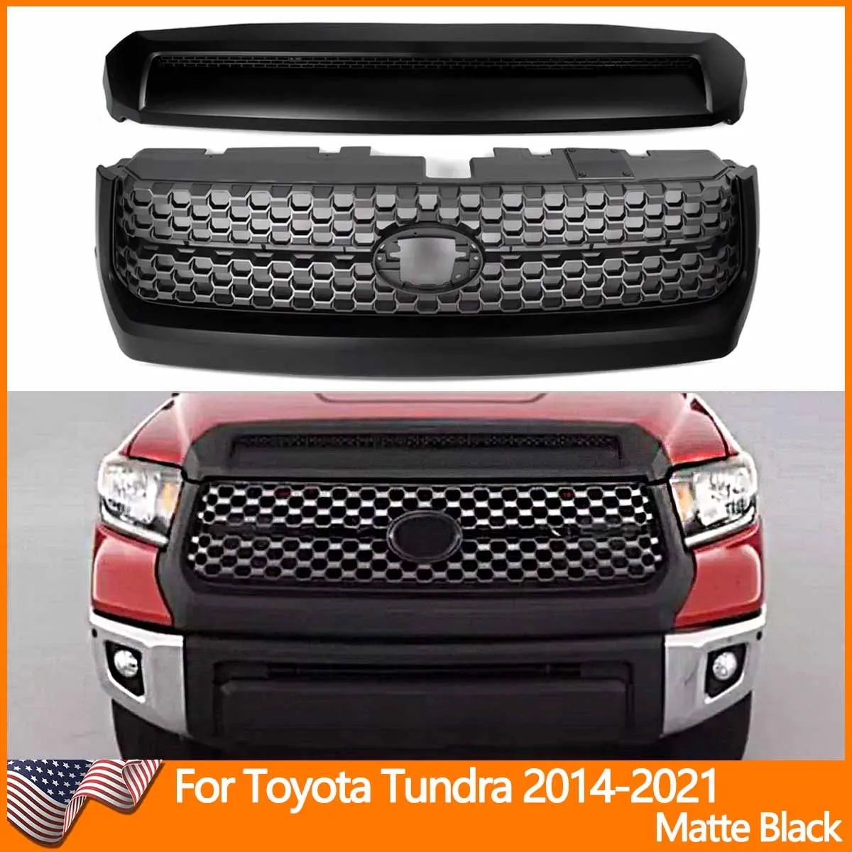 

Bumper Grill Grid For Toyota Tundra 2014-2021 Matte Black Front Grille Hood Bulge Molding Set TRD Sport Premium Extended Pickup