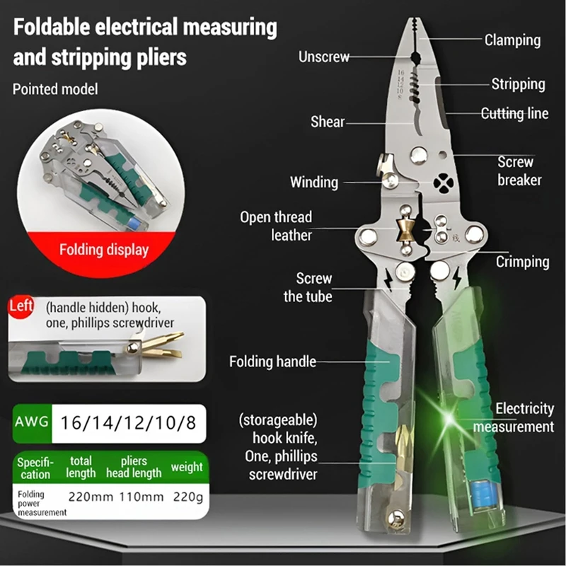 DTA5 18 in 1 Wire Stripper Electrical Pliers Folding Stylus Screwdriver Voltage Tester for Cable Cutting