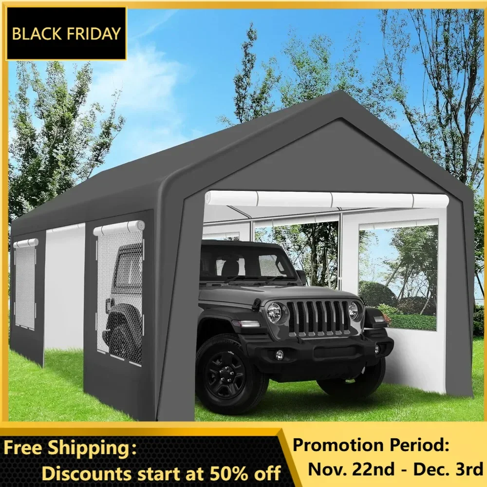 Carport 12x20 FT Heavy Duty Carport Canopy, Portable Garage with 4 Windows & Side-Opening Door, for Pickup, Boats, Car and Truck