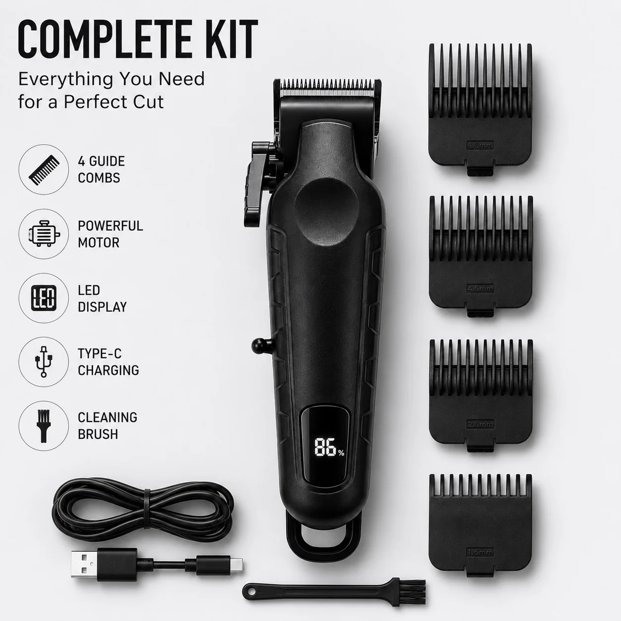Electric Hair Clipper, Home Self-Service Hair Cutting Tool, Men's Hair Trimmer, Family Hair Clipper, Portable Electric Clipper, Type-C Charging, Led Digital Display of Battery Percentage, Equipped with 4 Guide Combs, 1.5Mm/3Mm/4.5Mm/6Mm Multi-Length Options, Three-Level Blade Adjustment, Easy to Operate and Use, Suitable for Daily Hair Cutting for Men and Adults, Easy to Trim Hair at Home
