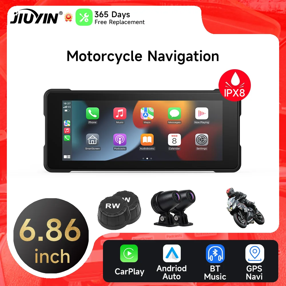 JIUYIN 6.86 inch Motorcycle Navigation IPX8 Wireless CarPlay Android Auto Airplay Display Screen Motorcycle Monitor BT Wifi 