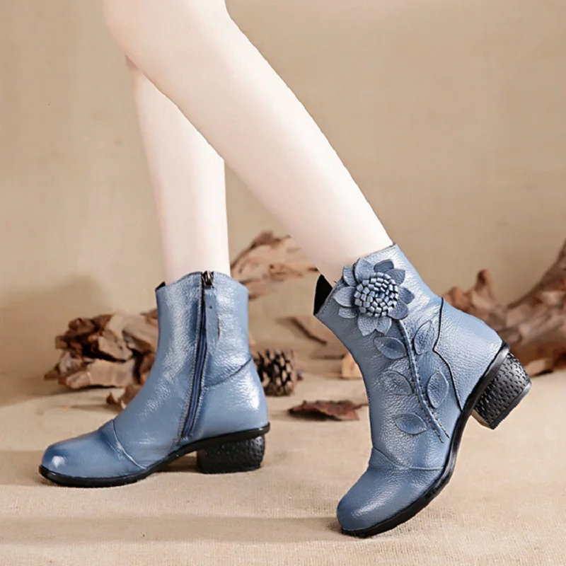 Spring ladies boots vintage genuine leather low heels shoes women\'s blue cowgirl boots winter faux fur lined ankle booties woman