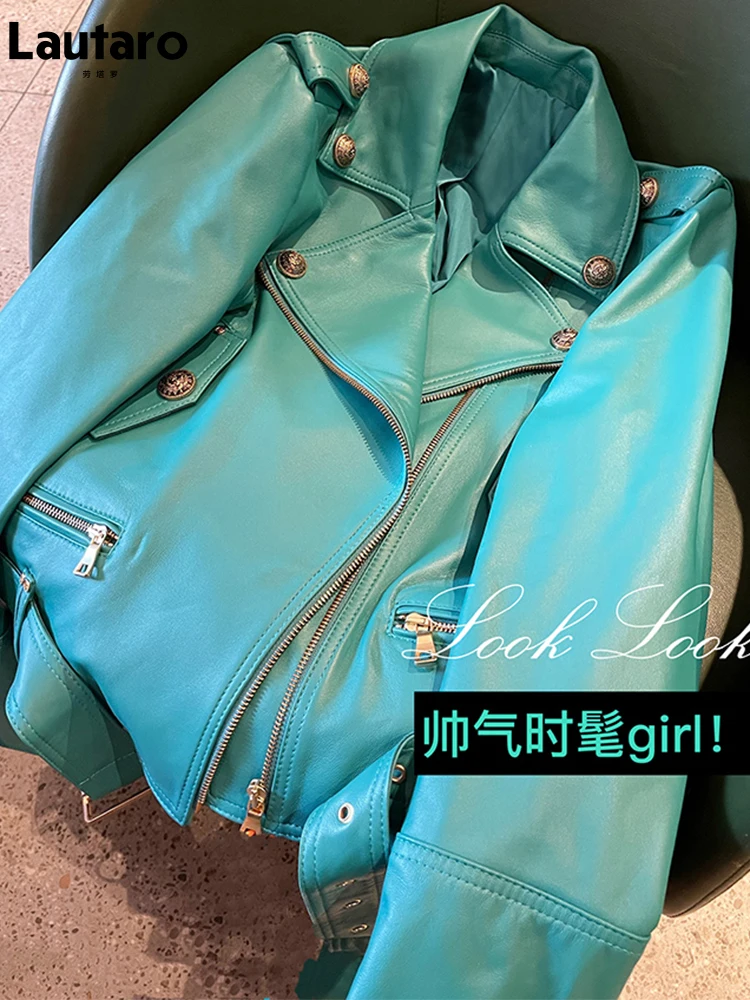 Lautaro-Chaqueta de motorista de cuero Pu para mujer, chaqueta de manga larga con cremallera, ropa de calle de diseñador de lujo, color verde