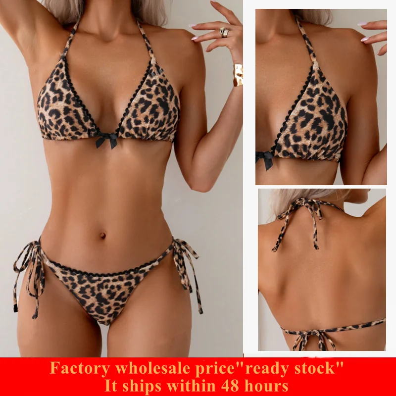 

Женские комплекты бикини из 2 предметов, 2025 г., леопардовый принт, завязка на шее, треугольный купальник, купальник с завязками по бокам, комплект купального костюма, пляжный купальный костюм
