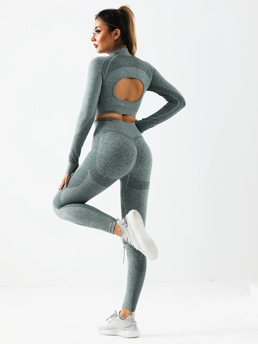 Ensemble de vêtements de Yoga pour femmes, Leggings taille haute, haut deux pièces sans couture, couleur unie, vêtements d'exercice de Fitness