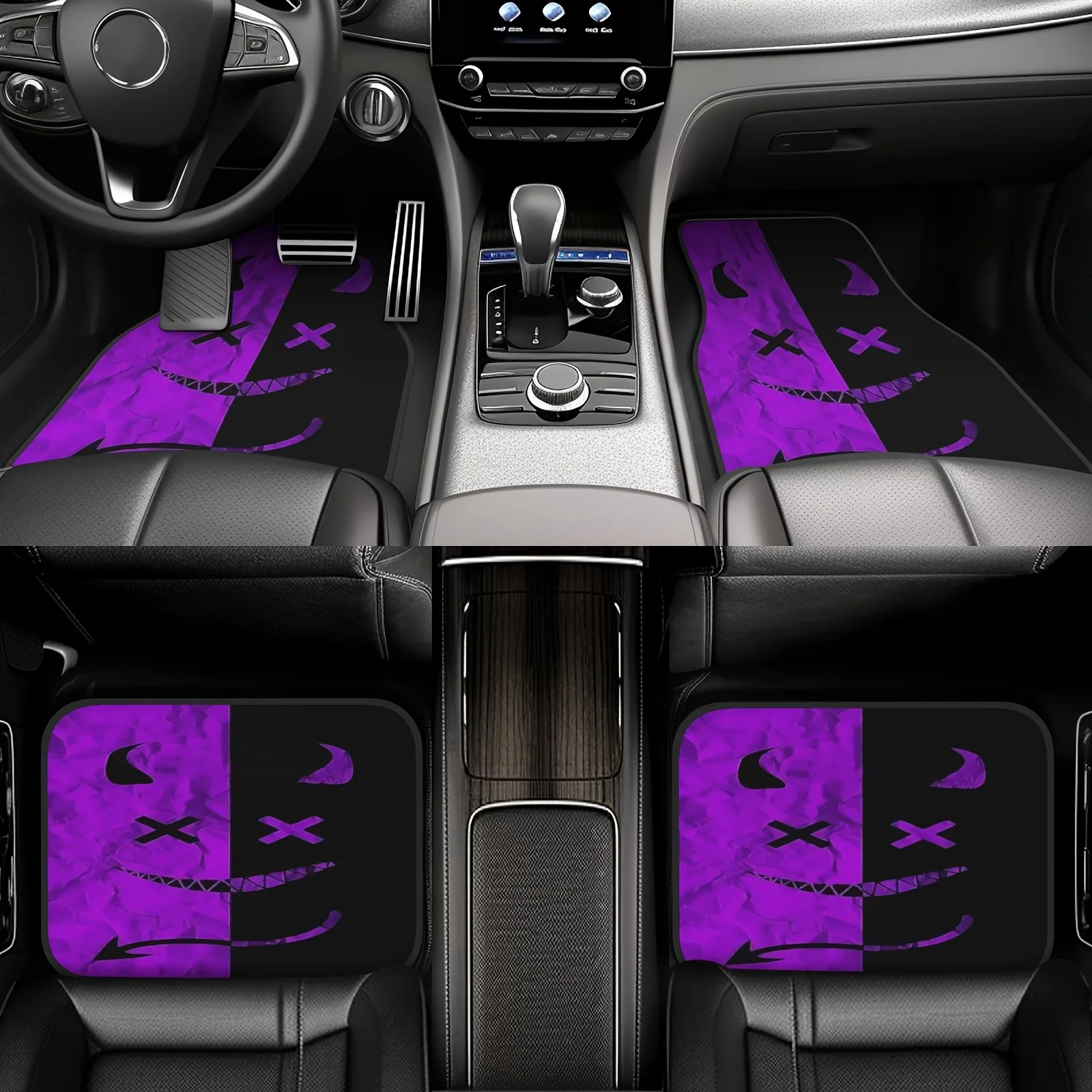 4 Uds. Alfombrillas góticas de color morado y negro para coche con acento rosa, alfombrillas resistentes para todo tipo de clima, antideslizantes y duraderas para todo tipo de clima, aptas para