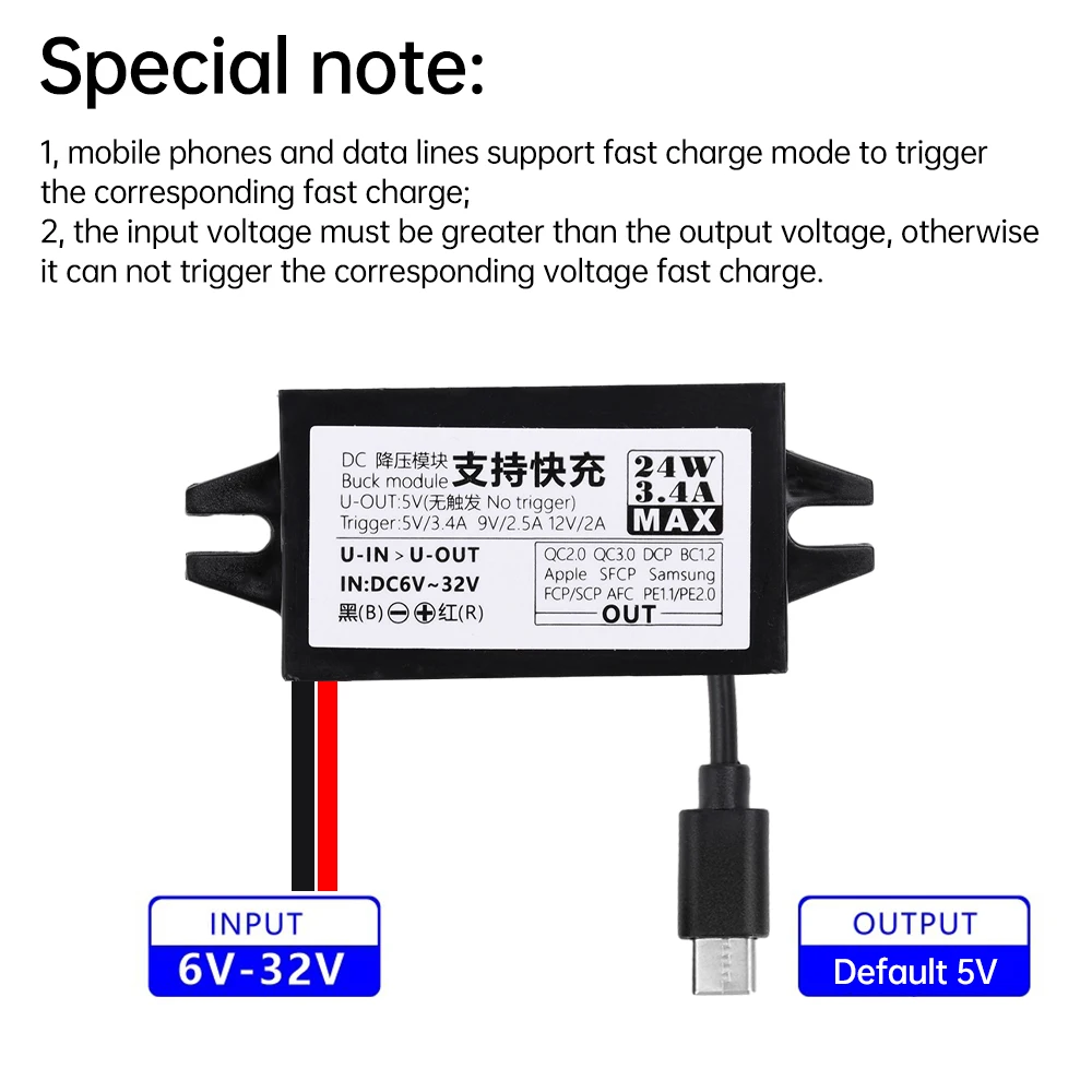 Waterproof DC6-30V to 5V/9V/12V Converter DC-DC Step Down Module Power Adapter Type-C Support QC2.0/3.0 Fast Charging