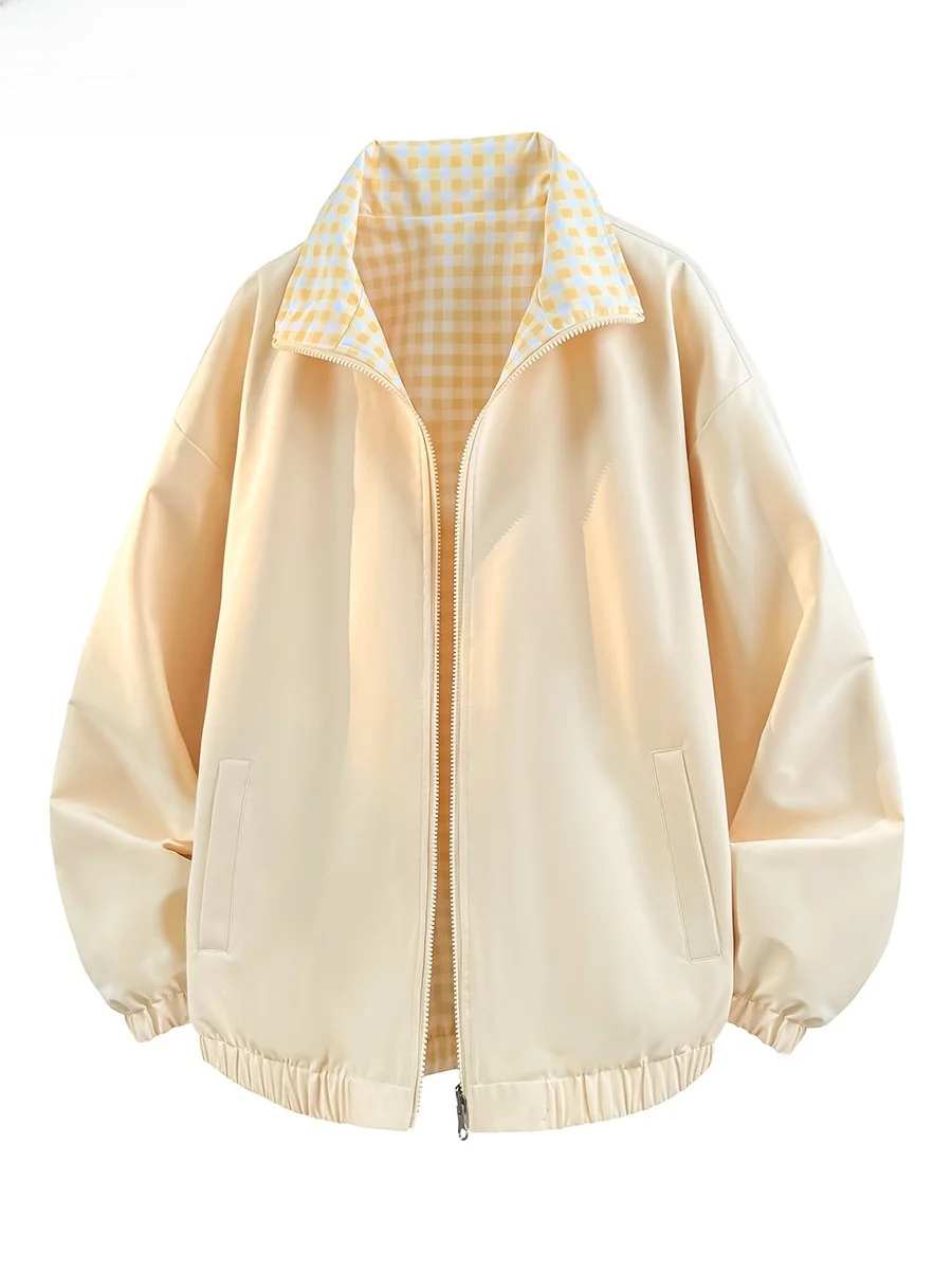 Dwustronny płaszcz w kratę z stójką, męski, luźny krój, wiosenno-jesienny, dla par, wodoodporny, poliestrowy, casualowy.