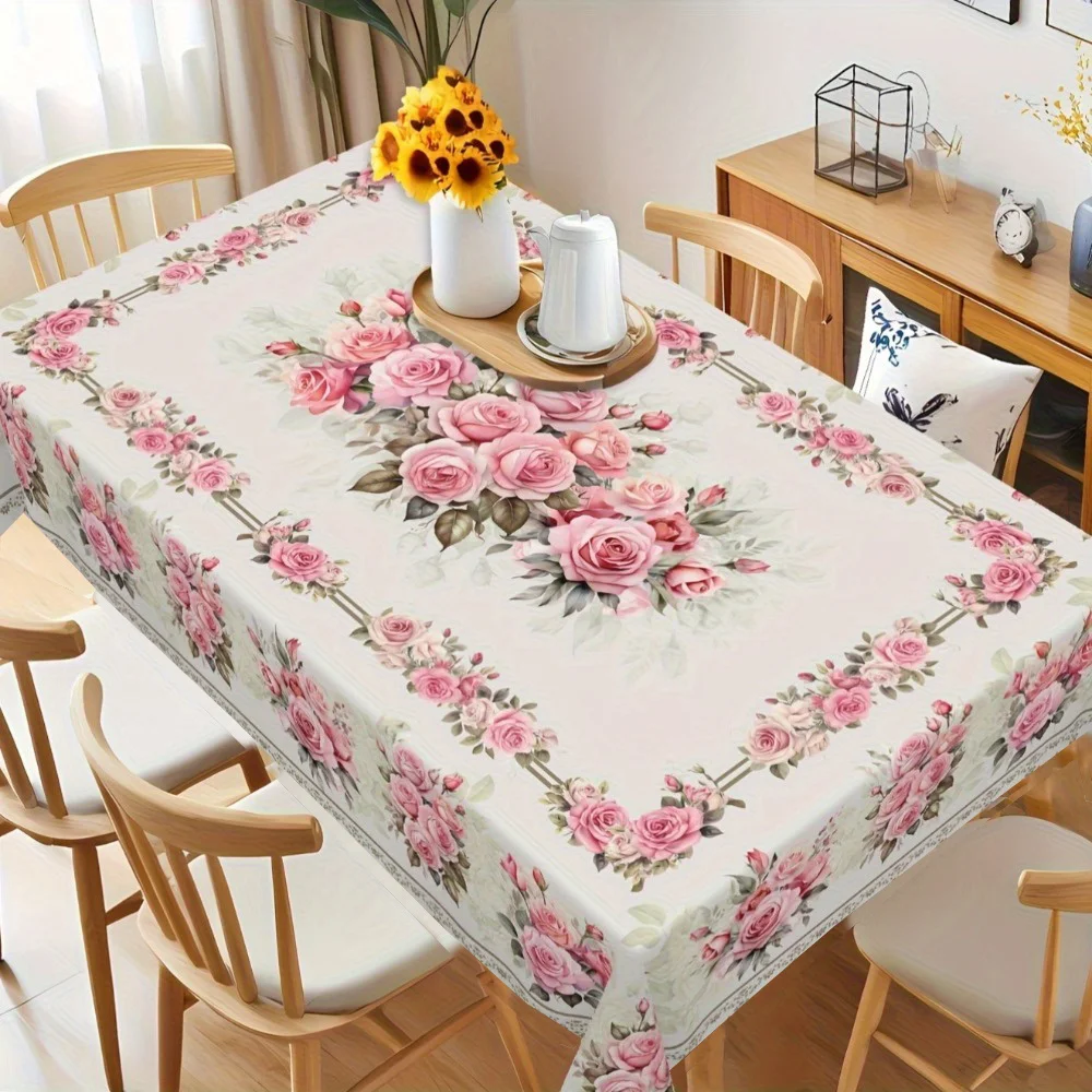 Spring Pink Rose Rectangle Tablecloth for Table Decor Summer Floral Kitchen Dining Table Cloth Mother's Day Gift Party Decor