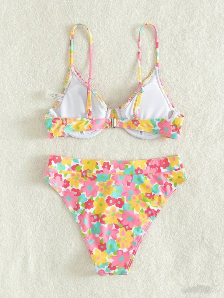 Maillot de bain à imprimé floral pour femmes, ensemble deux pièces, soutien-gorge push up, culotte tanga, sexy, smocké, vêtements de plage, nouvelle