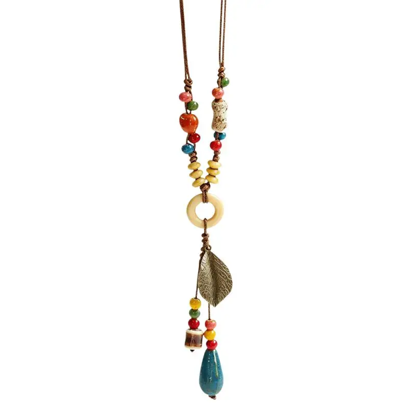 Neue Halskette im chinesischen Stil mit Keramikperlenanhänger für Damen, runde Blattform, lange Pulloverkette, ästhetischer Schmuck, Geschenk – Detail 7