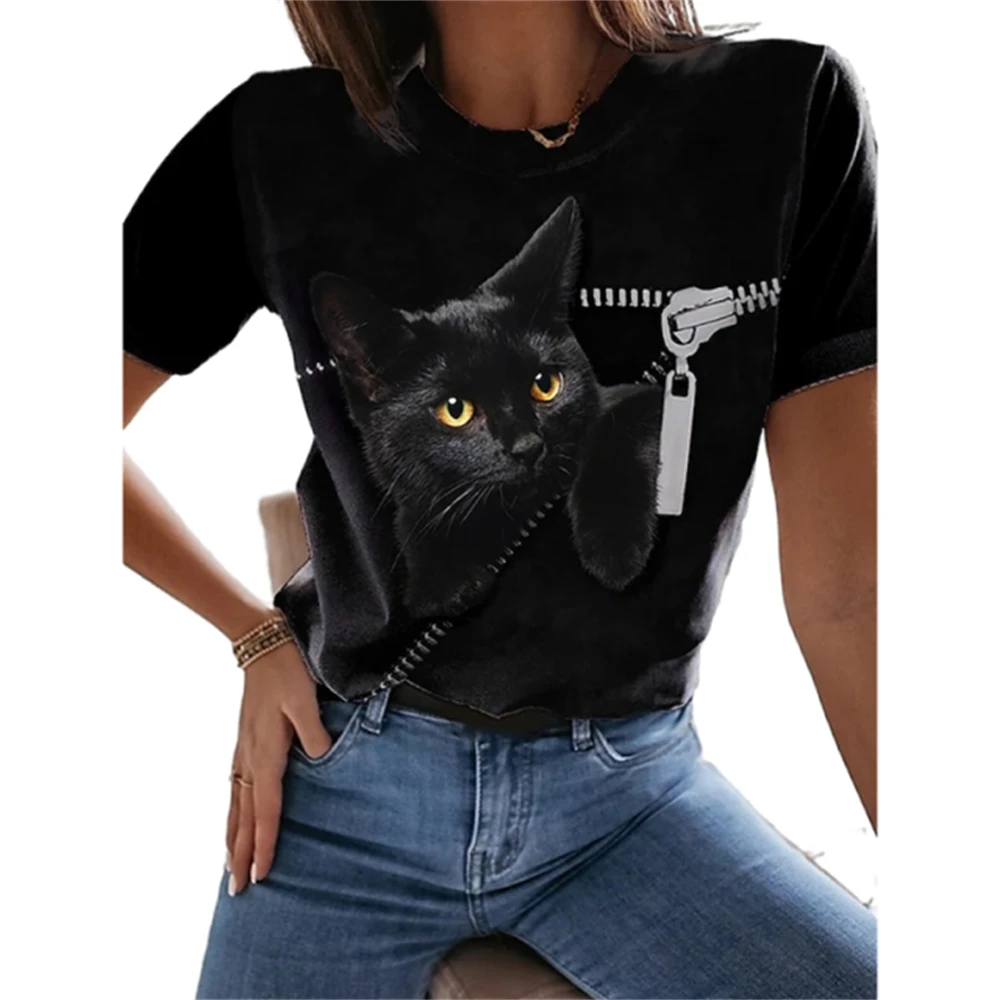 Camisetas de manga corta con estampado de gato Kawaii en 3D para mujer, Tops divertidos con cuello redondo informales, ropa holgada de gran tamaño