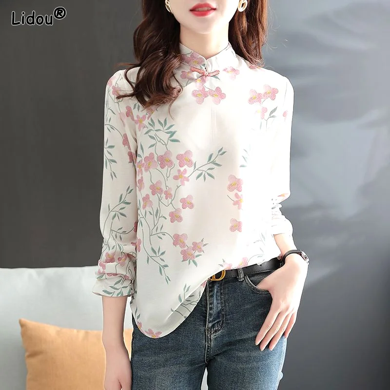 Vintage Printing Button Patchwork Chinese Style Skinny Half High Collar Shirts Casual Women\'s Clothing 2022 Spring Autumn Thin