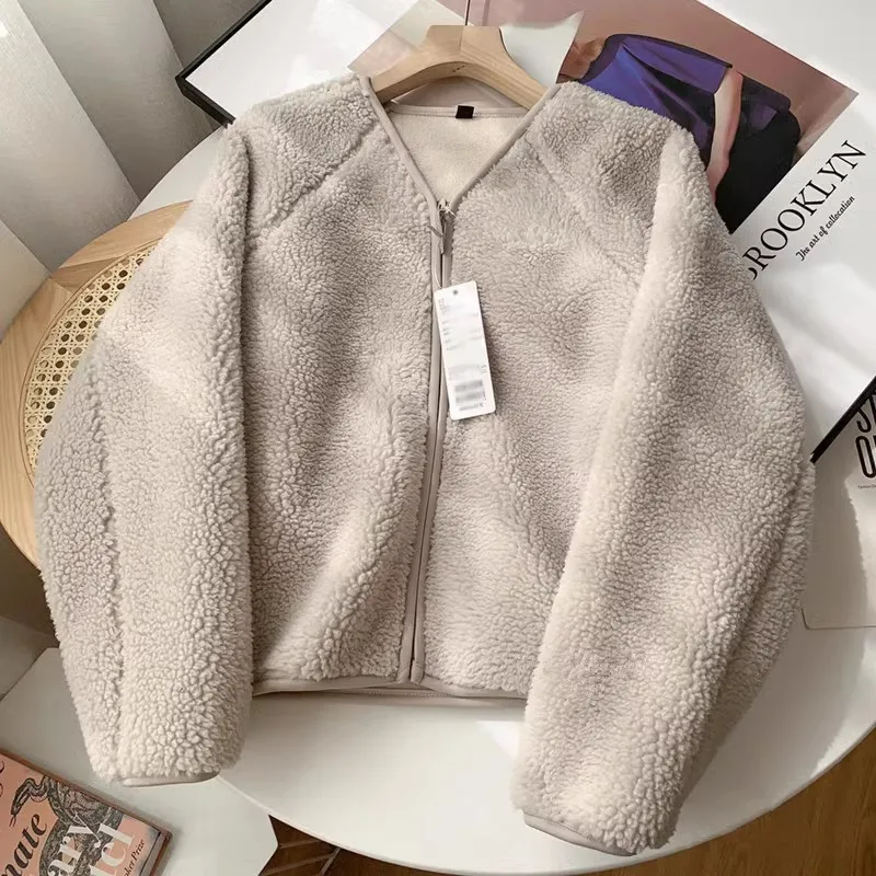 Lamb Fur Women Coats Autumn Winter Solid Thick Warm V-Neck Long-Sleeved Casual All Match Female Outwear Jackets