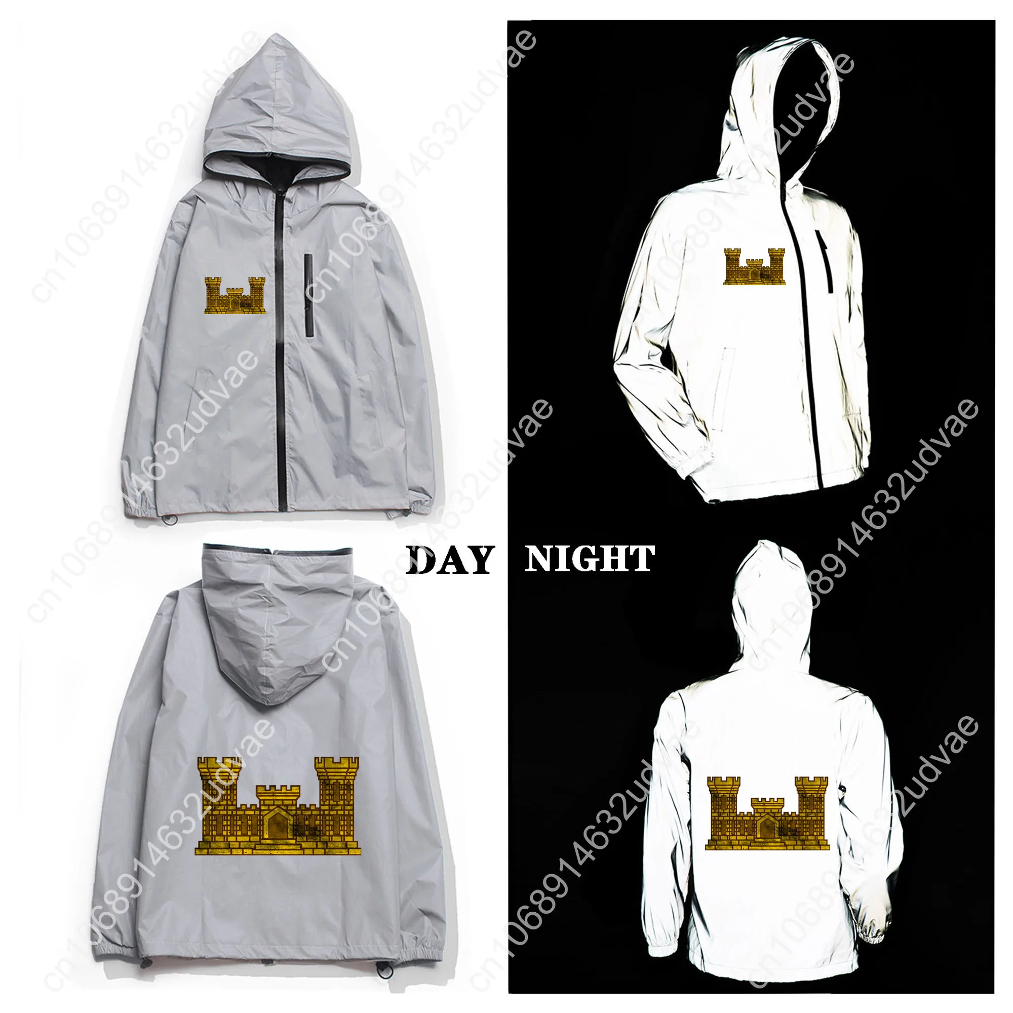 US Army Engineer Branch EN Reflektierende Jacke Herren Damen Mantel Kapuze Windjacke Lauftasche Jacken Reißverschluss Maßgeschneiderter Kapuzenpullover