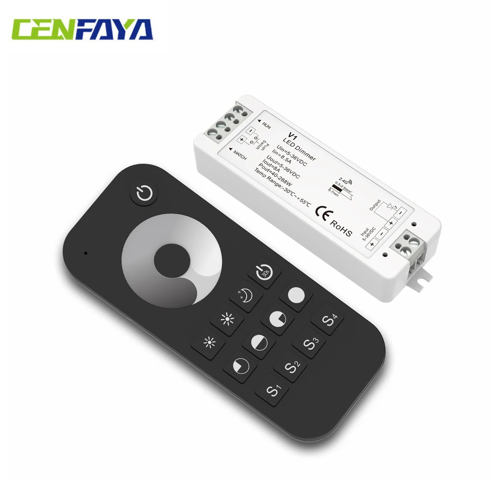 CENFAYA RF Dimming Single Color LED Controller Kit DC 5V 12V 24V Dimmer V1 With Push Switch Dimming RF 2.4G Wireless Remote RT1