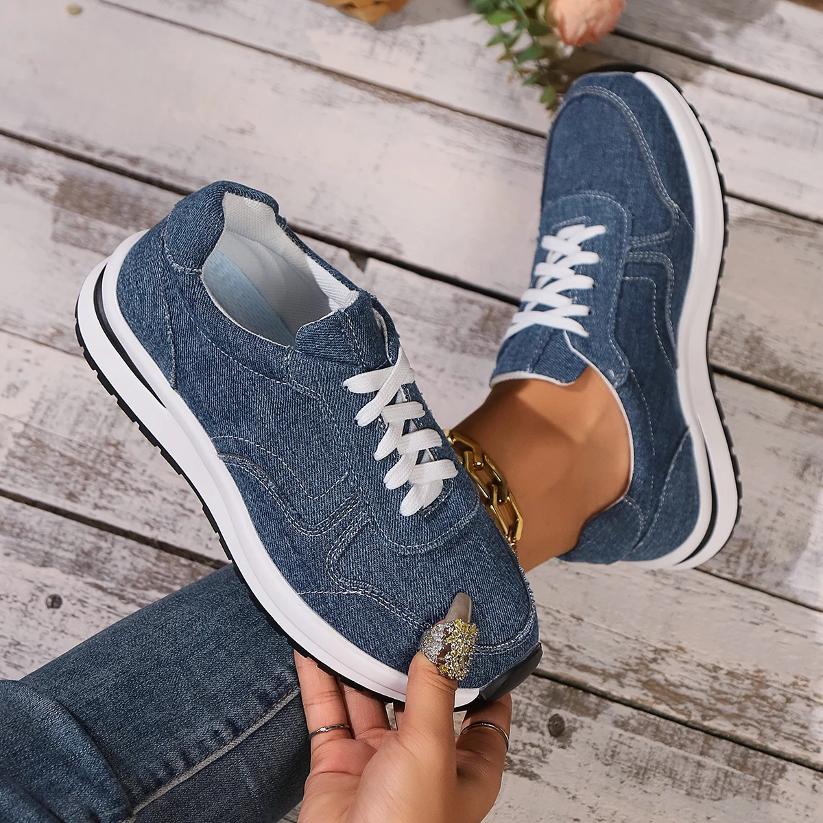 Blue Denim Platform Sneakers Women Fashion Thick Sole Lace Up Sports Shoes Woman Plus Size 43 Comfortable Casual Female Sneakers