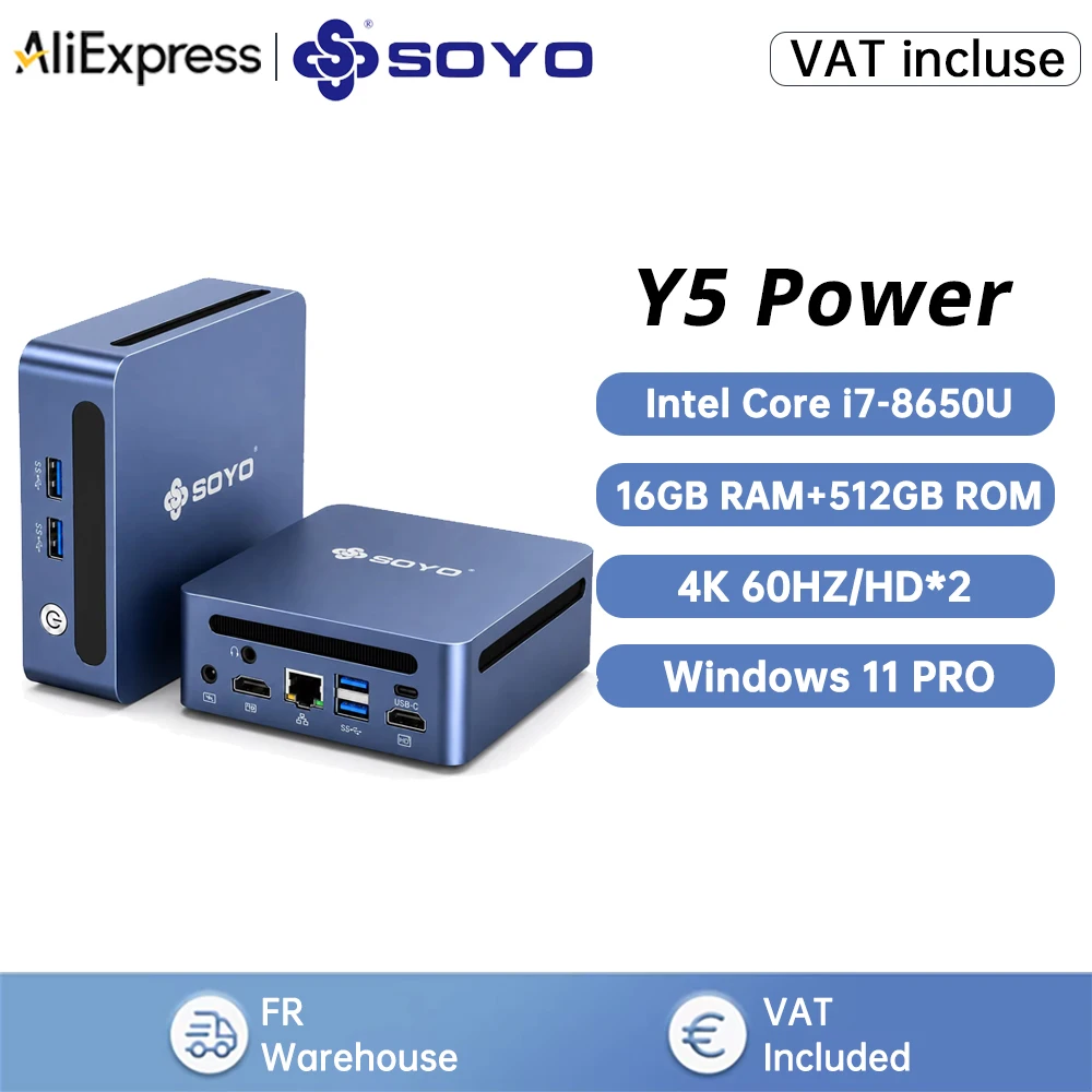 SOYO Y5 Power Mini-PC, Intel Core i7-8650U CPU (8 MB schneller Cache, bis zu 4,20 GHz), LPDDR4 16 GB RAM, 512 GB M.2 SSD, 4K-Dreifach-Display, WLAN 5/BT 5.0, Mini-Computer.