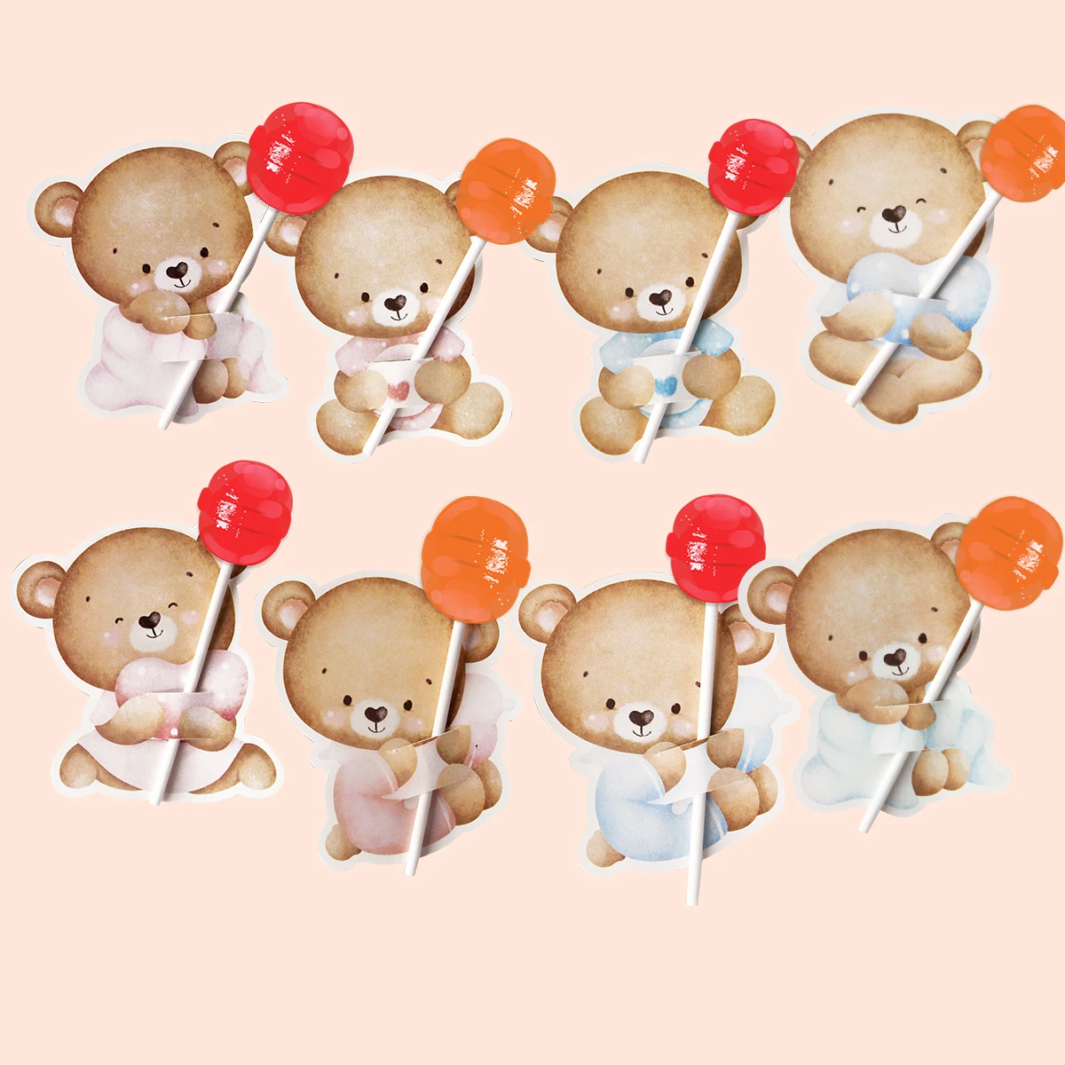 40pcs Creative Blue Pink Bear Lollipop Cards Carton Candy Holders For Kids Baby Shower Happy Birthday Party Candy Gift Accessory