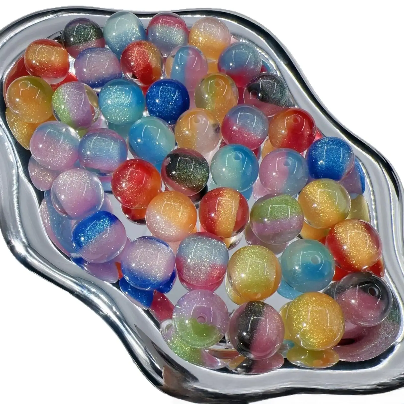 20Pcs 8-10mm Mermaid Fine Glitter Resin Round Beads Color Changing Luminous Two Tone Core Beads For Craft Jewelry Making