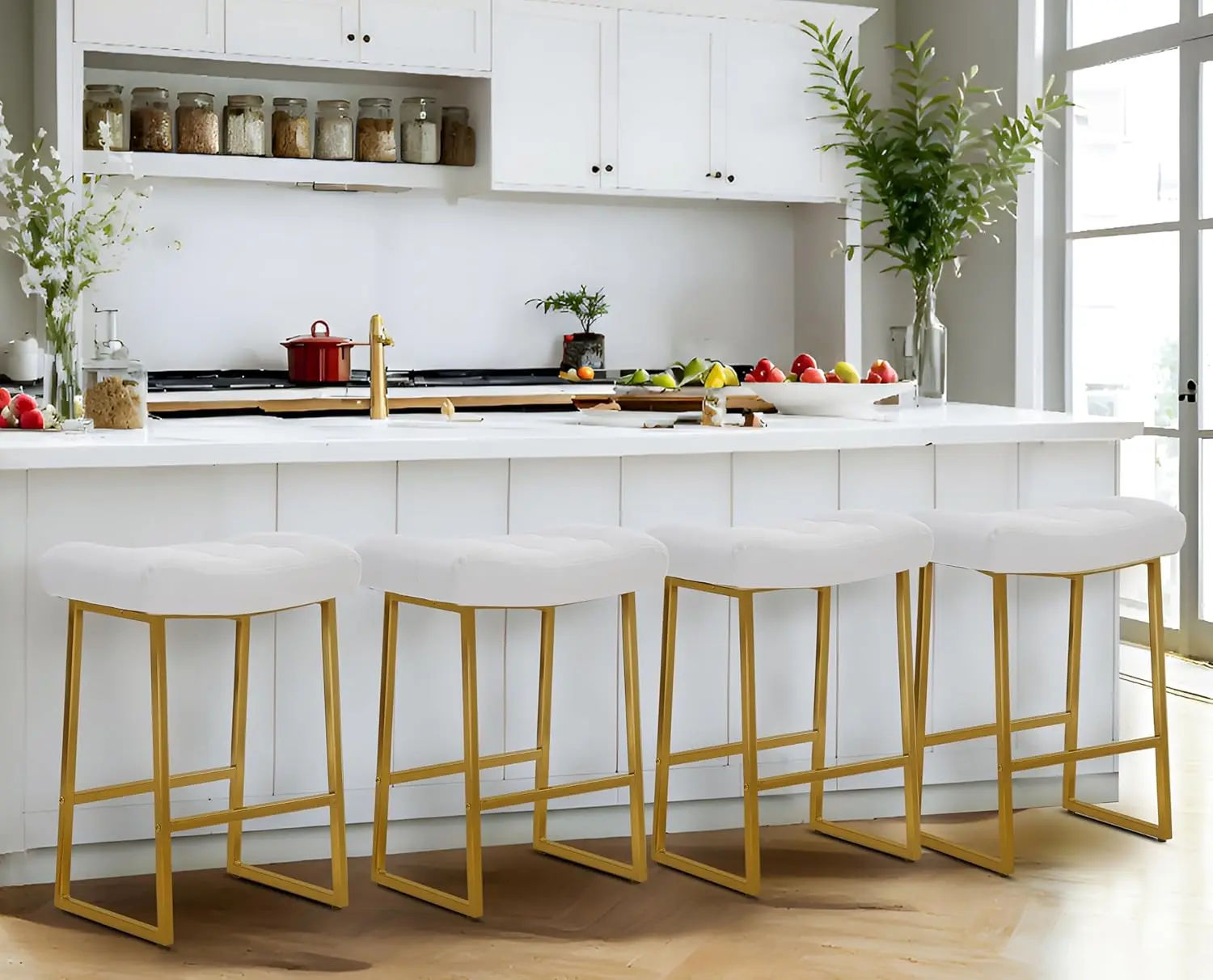

White & Gold Counter Height Bar Stools Set of 4, Modern Industrial Kitchen Chairs with Faux Leather Seats and Metal Frame, 24' T