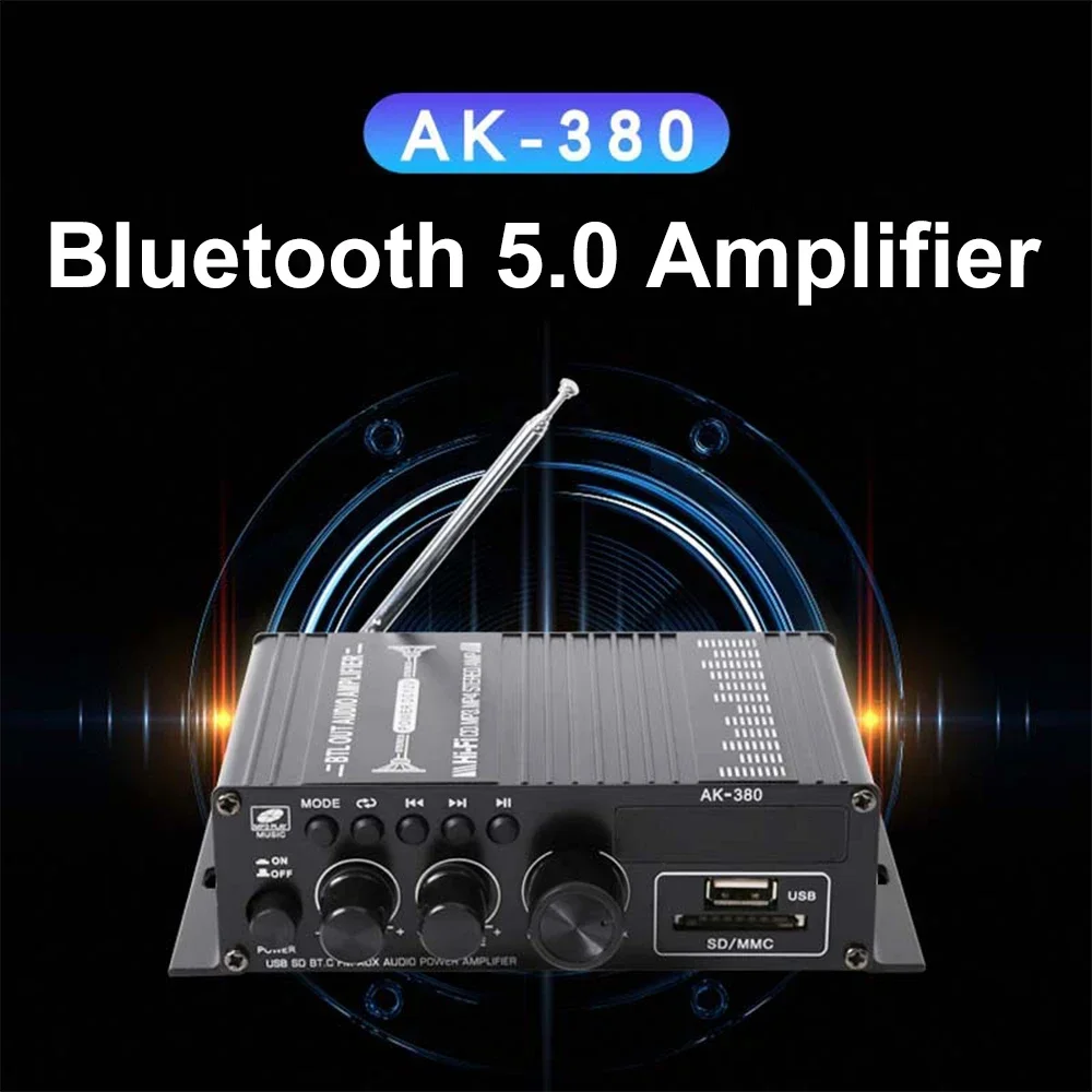 AK-380 Audio Power Amplifier 2.0 CH HiFi Stereo AMP Speaker Bluetooth 5.0 Amp Receiver for Car Home Bar Party DC 12V3A