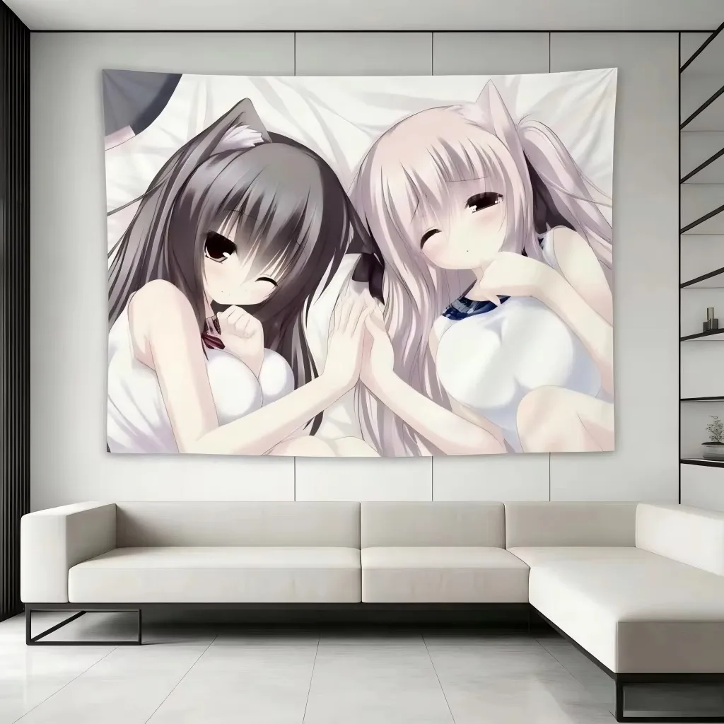 Nekomimi Anime Girl Tapestry, Cute Black White Cat Ears Duo Wall Hanging for Bedroom Dorm Room Aesthetic Decor Gift